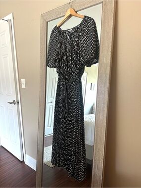 Max Studio Nordstrom Black And White Polka Dot Pleated Skirt Midi Dress Small